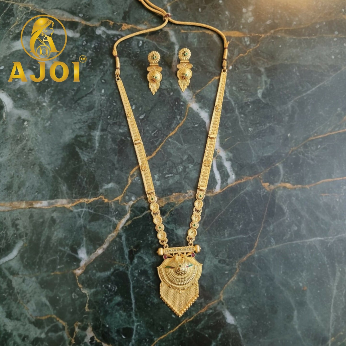Temple Long Necklace Set styled with traditional Indian attire for festive occasions