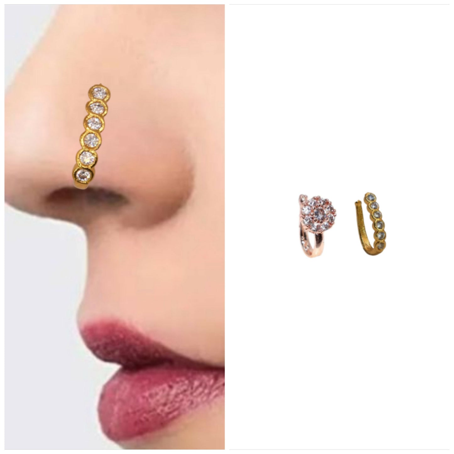 CZ Line Clip-On Nose Ring (Gold Plated) - Non-Piercing Combo Pack of 2