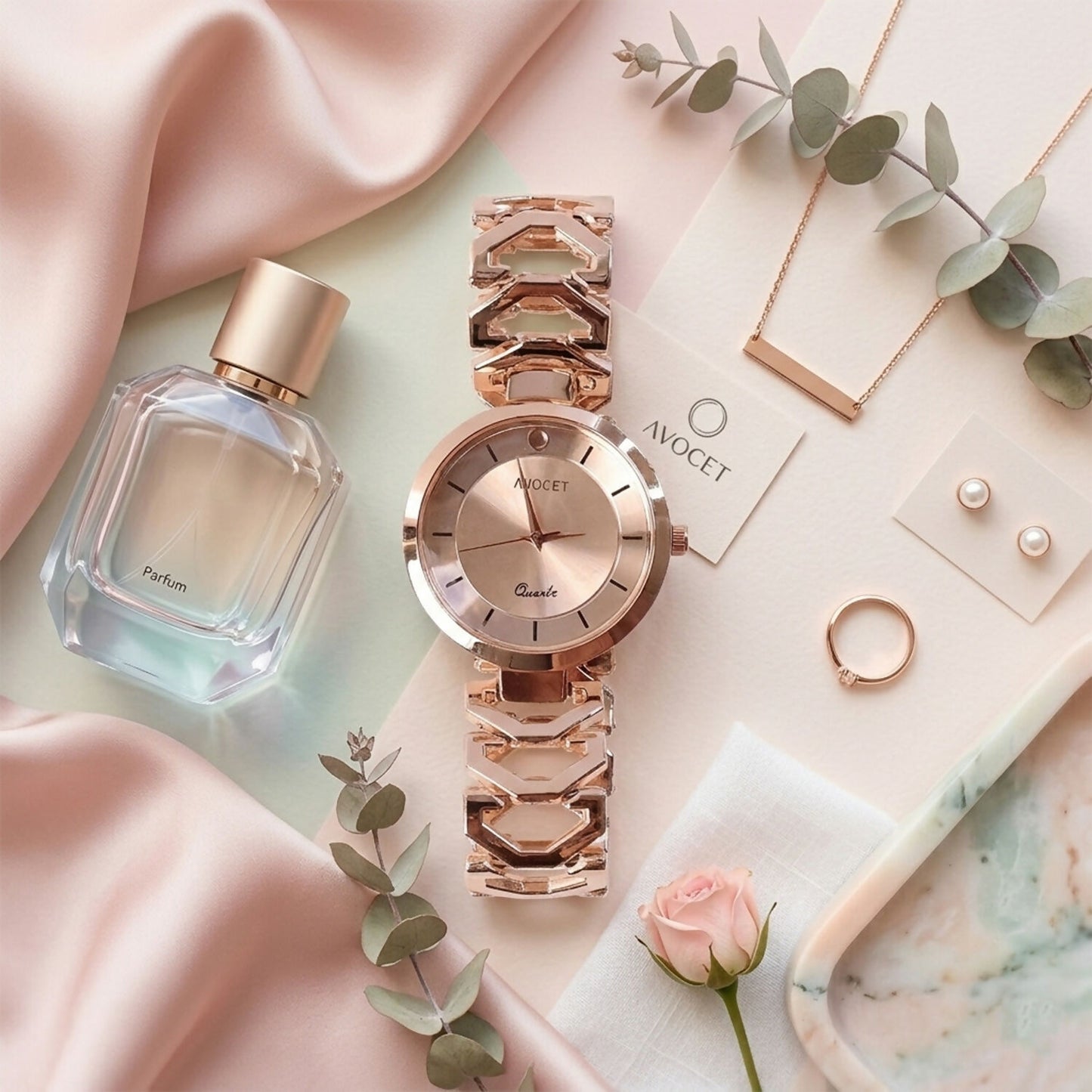 Rose gold analog wrist watch front view