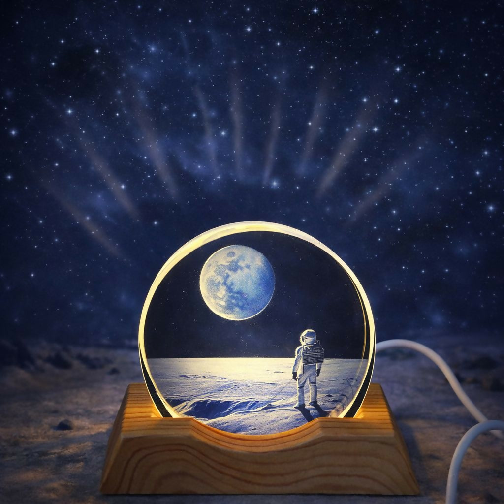 Astronaut Moon 3D Acrylic LED Night Lamp with Wooden Base for Home Decor