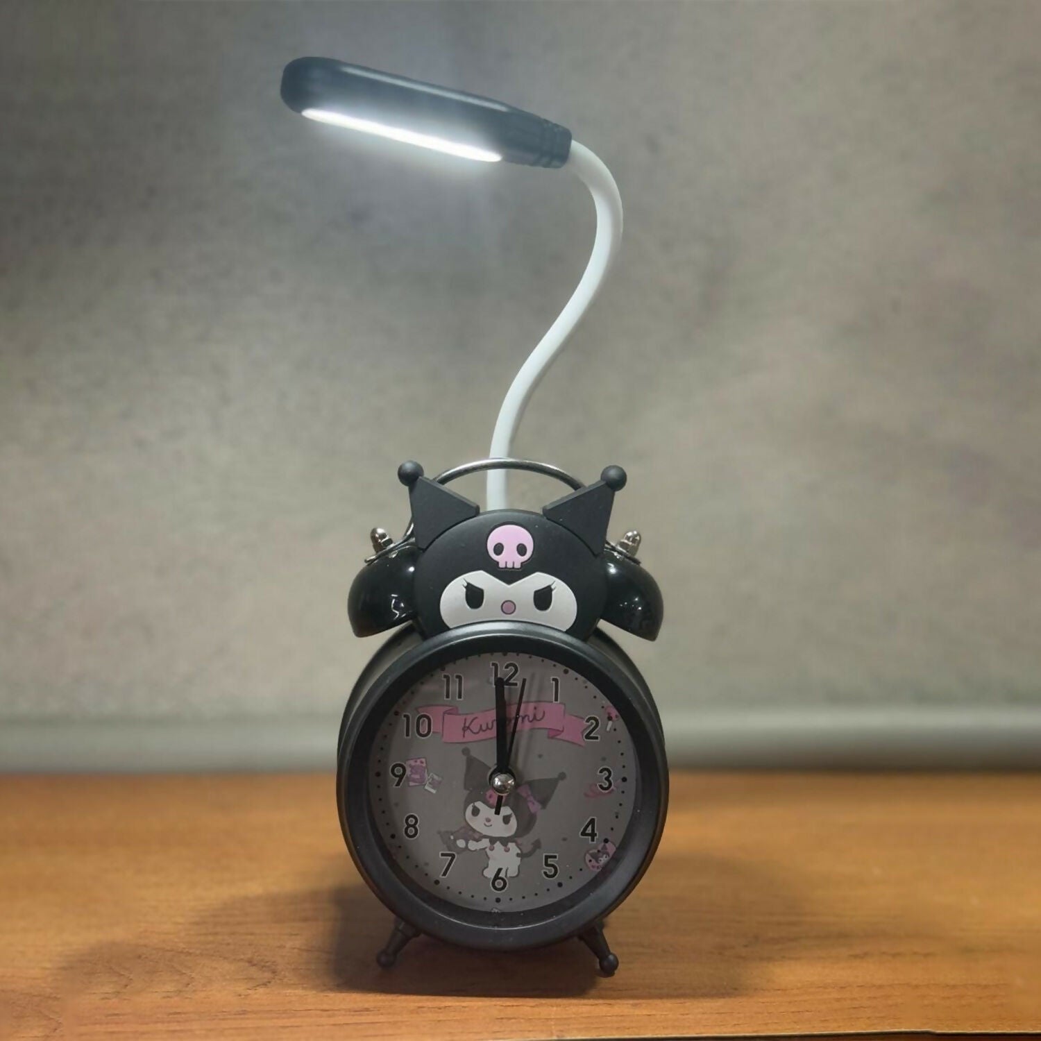 Kuromi Cartoon Character Alarm Clock with LED Night Lamp | Cute Black Bedside Table Clock with Flexible Reading Light, Loud Twin Bell Design, Battery Operated for Kids, Girls, Bedroom & Study Desk