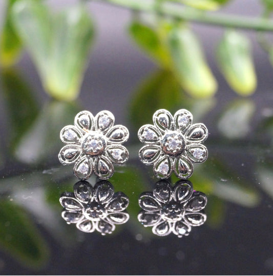 Dainty Silver Flower Stud Earrings with AD for women and girls