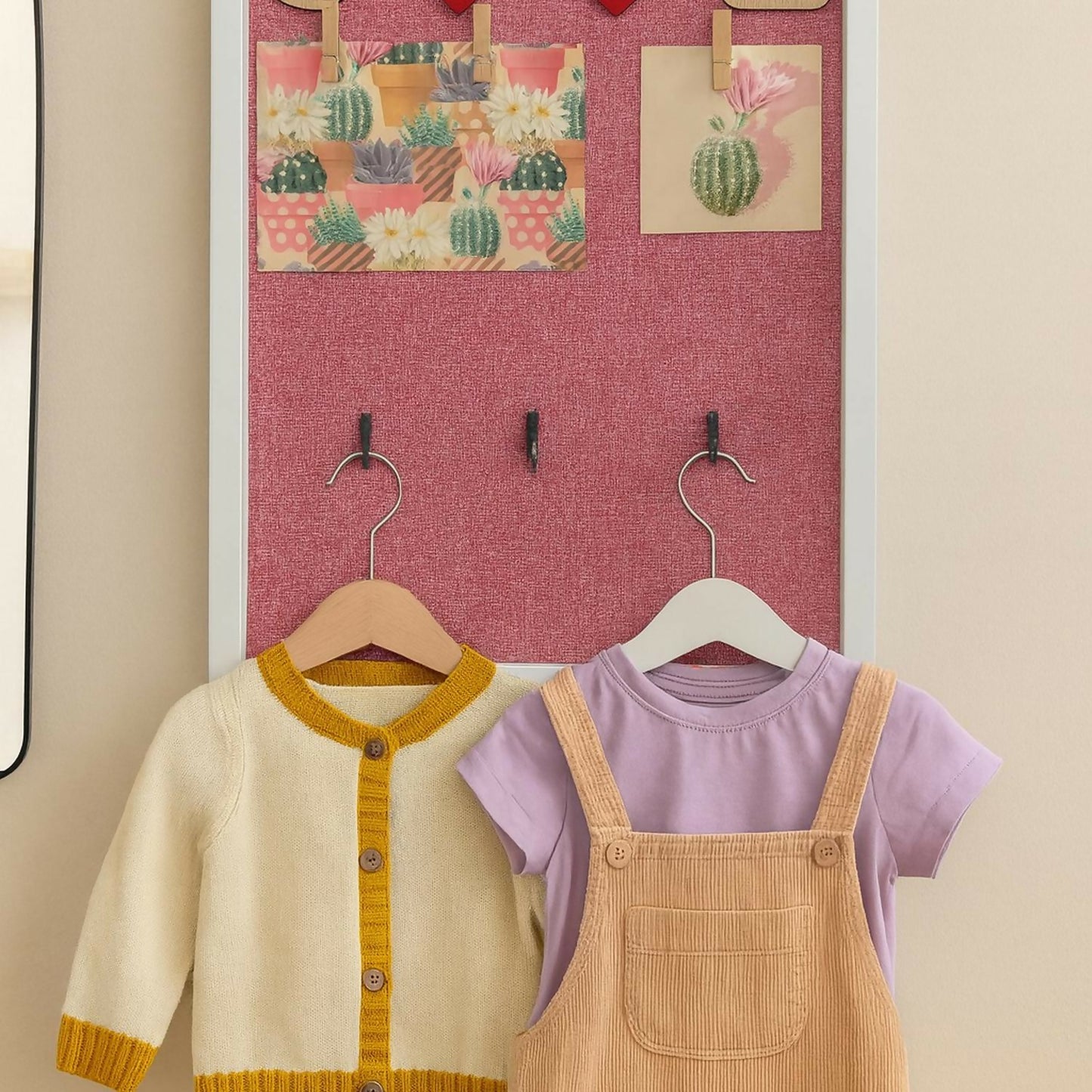 Decorative Wooden Wall Hanging Key Holder with 3 Hooks, Love Lettering & Cactus Print – Stylish Wall Organizer for Home, Bedroom & Living Room – Modern Wall Décor Key Hanger Frame (Pink, White Frame)