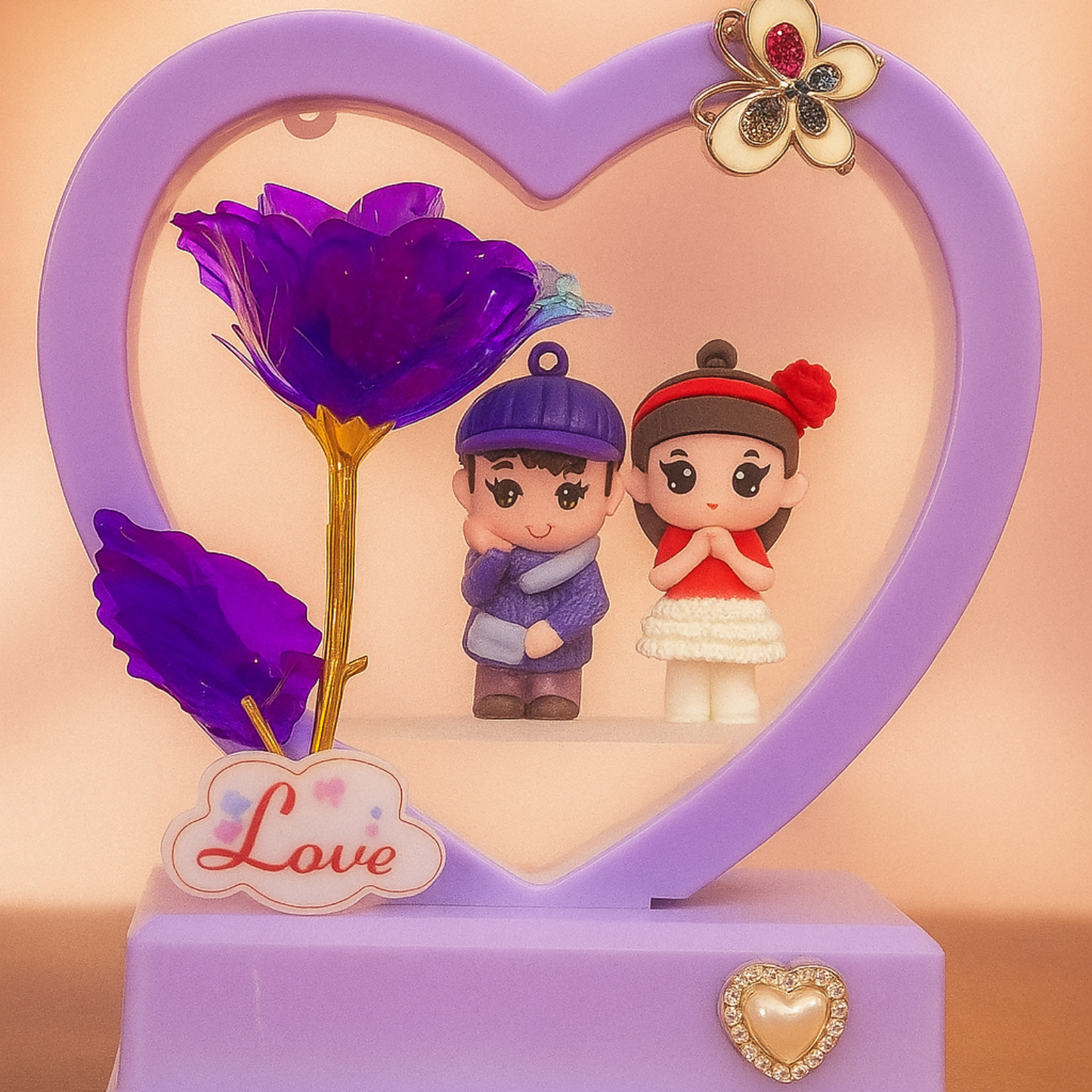 Heart Shape LED Love Lamp with Golden Stem Purple Rose & Cute Romantic Couple Figurines | Decorative Night Light Gift for Anniversary, Valentine, Bedroom & Home Decor