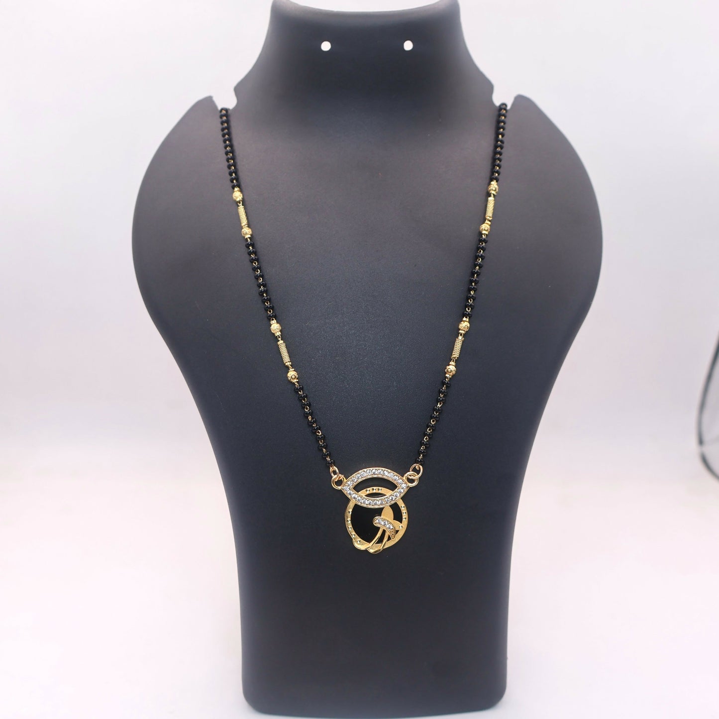 Gold-Plated AD Floral Mangal sutra with Black Beads & Crystals