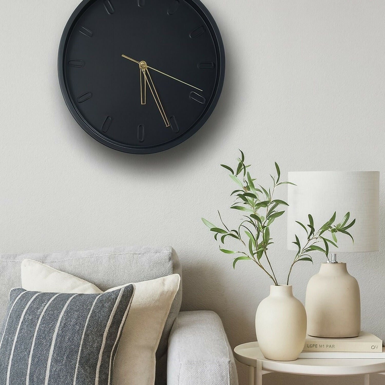 Minimalist Black Wall Clock with Silent Sweep Movement – Modern Round Decorative Wall Clock with Golden Hands, Battery Operated, Stylish Home & Office Wall Décor (12 Inch)