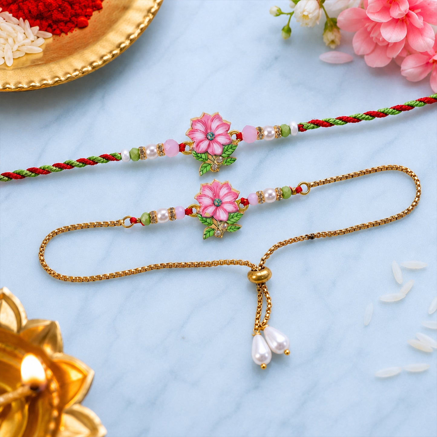 Lotus Floral Beaded Bhai Bhabhi Lumba Rakhi with Pearl Drop Pair