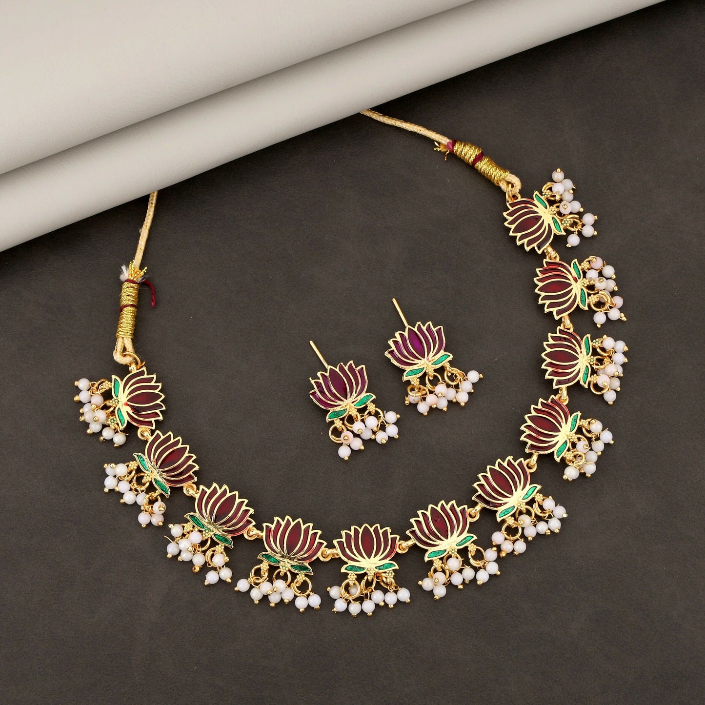 Gold-Toned maroon-Green Enamel Lotus & Pearl Choker Set