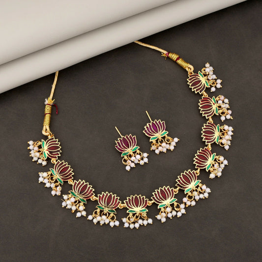 Gold-Toned maroon-Green Enamel Lotus & Pearl Choker Set