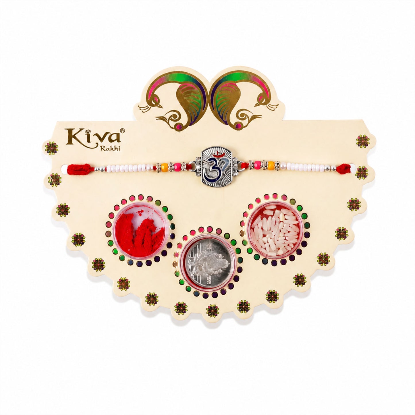 Om Symbol Silver Centre Rakhi with White Beads, Roli Chawal Coin and Peacock Gift Packing