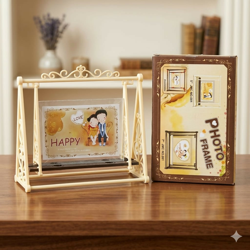 Rotating swing photo frame on table showcasing photos