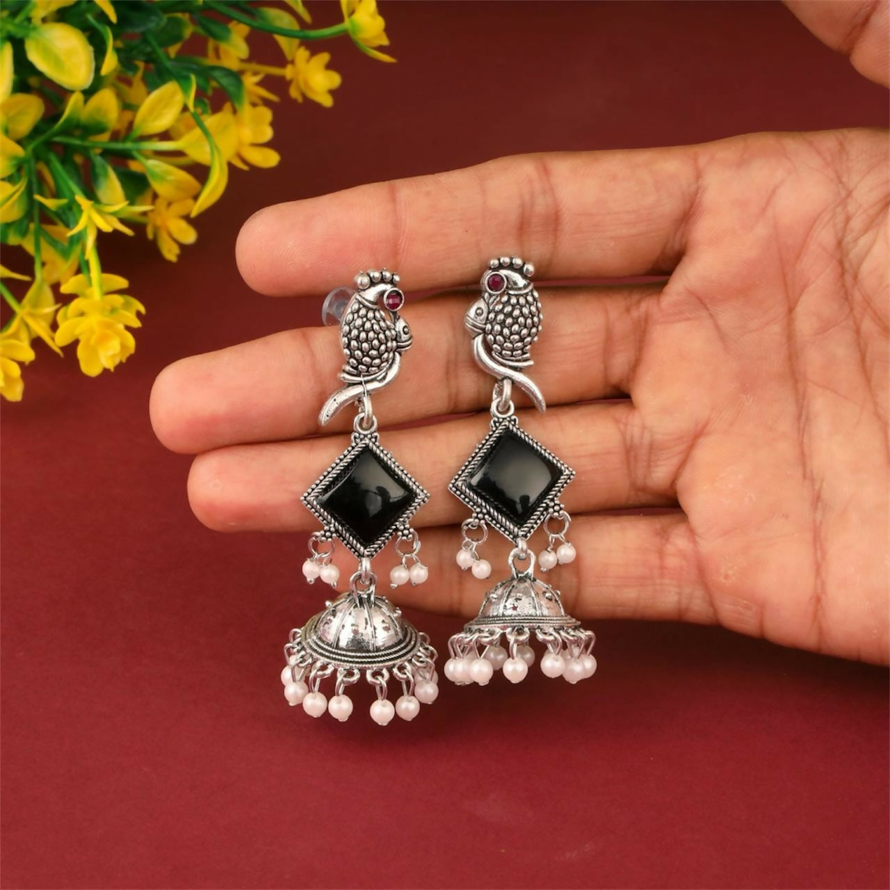 Oxidised Silver Black Stone Parrot Design Jhumka Earrings for Women & Girls
