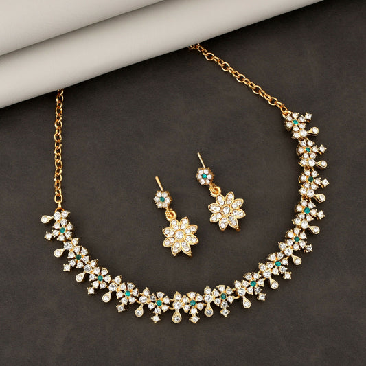 Gold-Plated Emerald Green & Diamond-Look Floral Choker Necklace Set