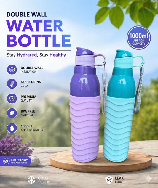 Kohinoor 1000ml double wall insulated water bottle with textured grip in purple