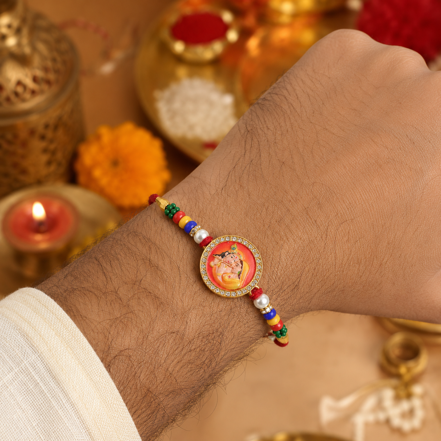 Radha Krishna Rakhi for Brother Photo Round Beaded Design (5pcs)