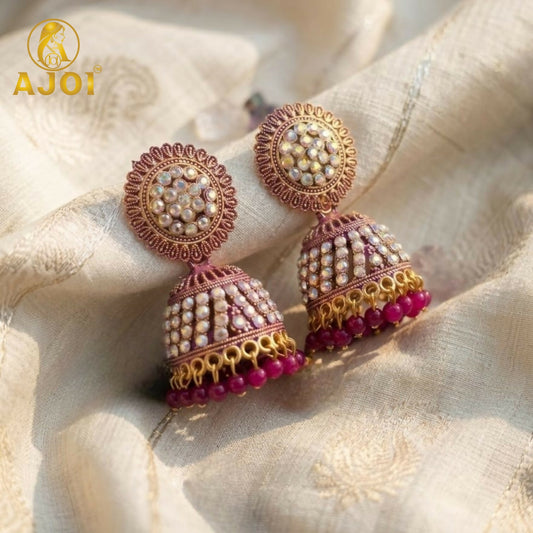 Elegant Pearl Studded Jhumka Earrings with Pink Beads Traditional