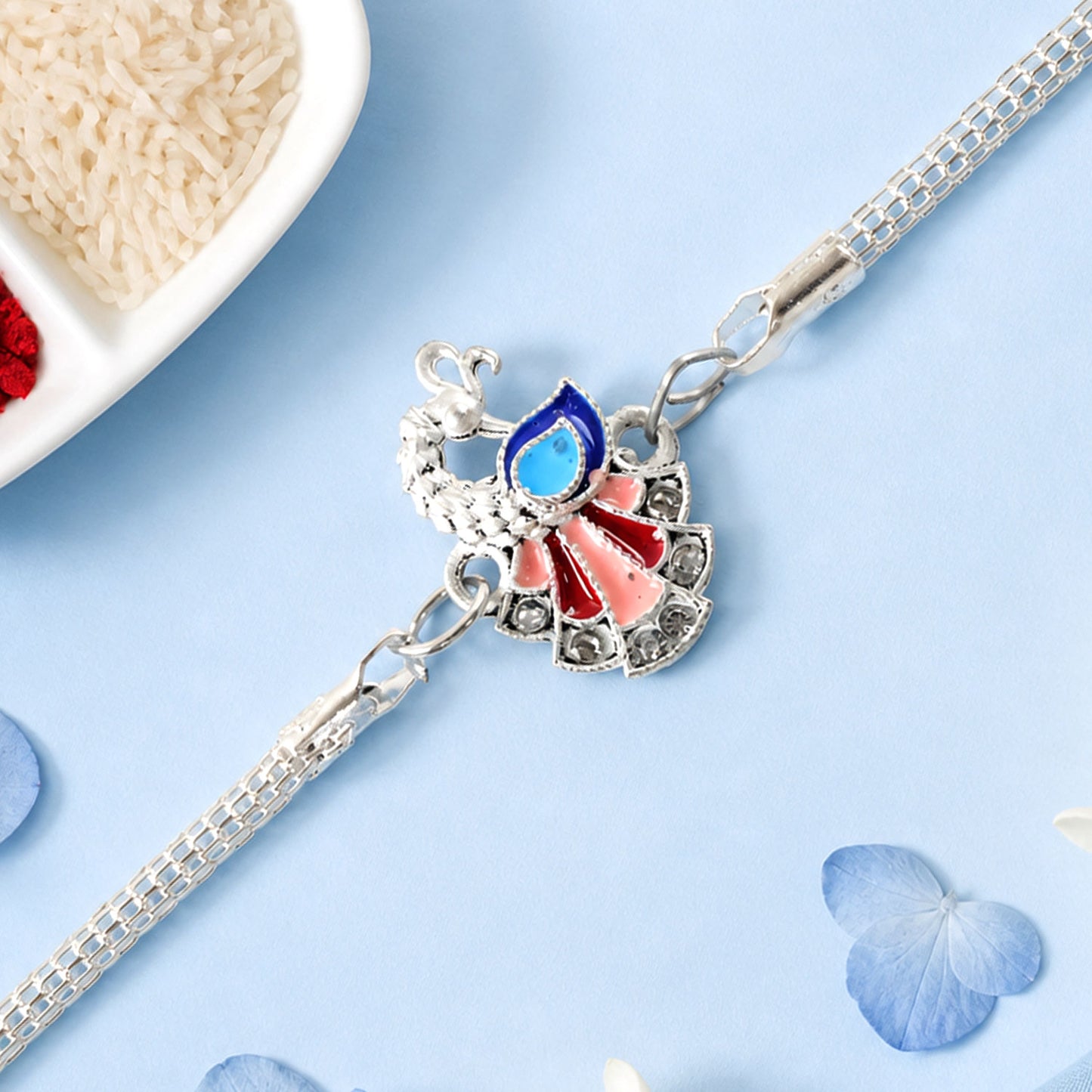 Stylish Peacock Enamel Crystal Studded Silver Chain Designer Rakhi