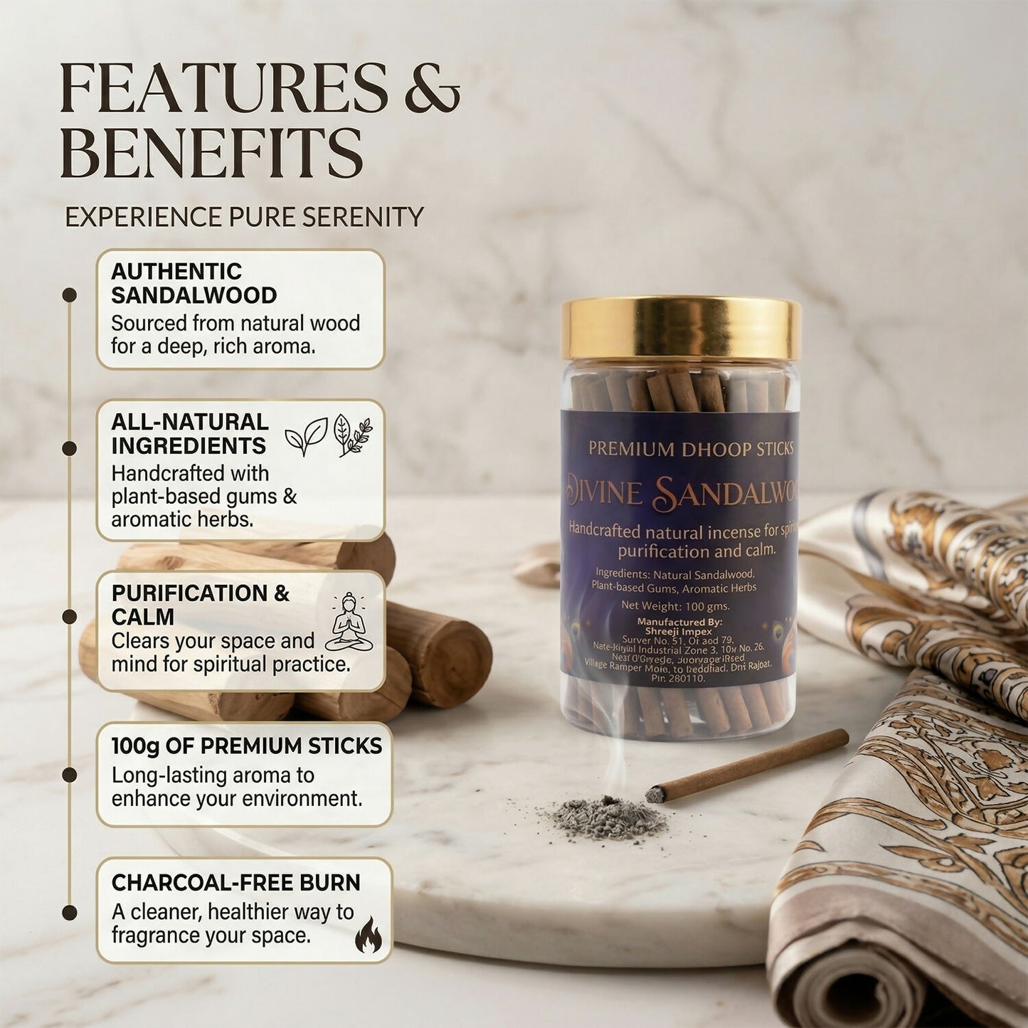 Divine Sandalwood Premium Dhoop Sticks Natural Incense Sticks for Spiritual Purification Long Lasting Aroma (100Gm)