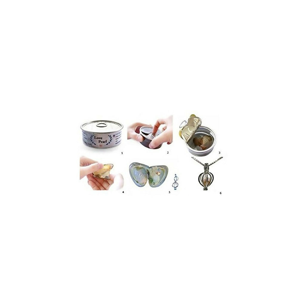 Six small images demonstrate opening an oyster, revealing a pearl, and assembling a pendant necklace.