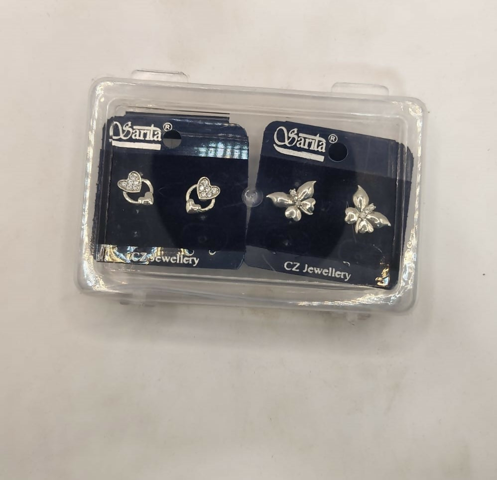 Pair of silver butterfly stud earrings with sparkling clear stone center