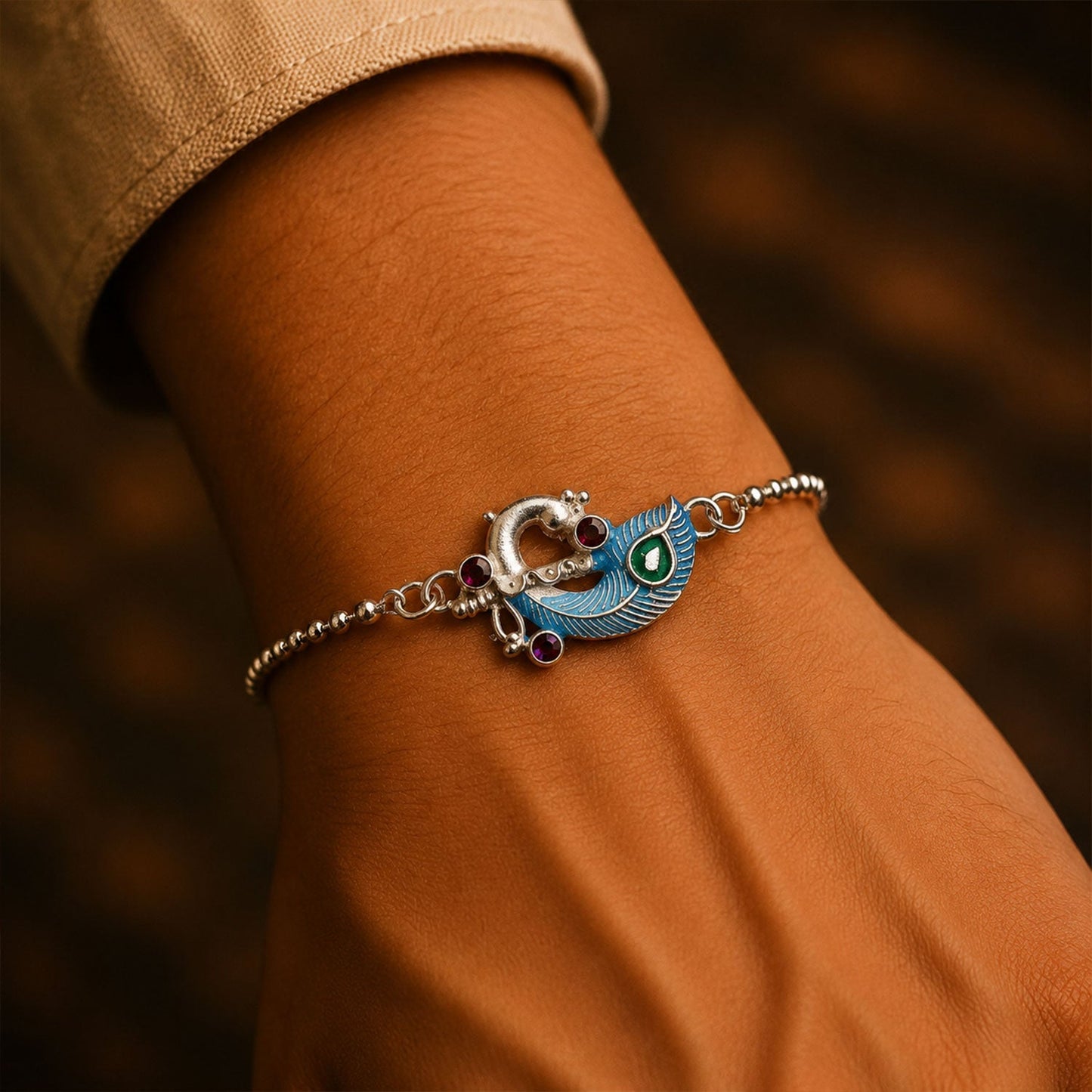 Silver Peacock Enamel Bracelet Elegant Festive Accessory for Raksha Bandhan (5pcs)