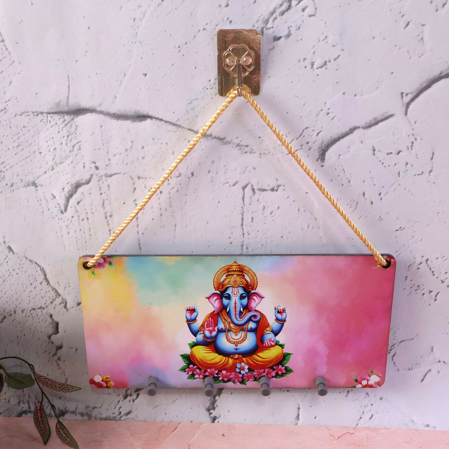 Ganpati Printed Wooden Key Holder with Rope Hanging & 4 Hooks – 6 x 12 Inch