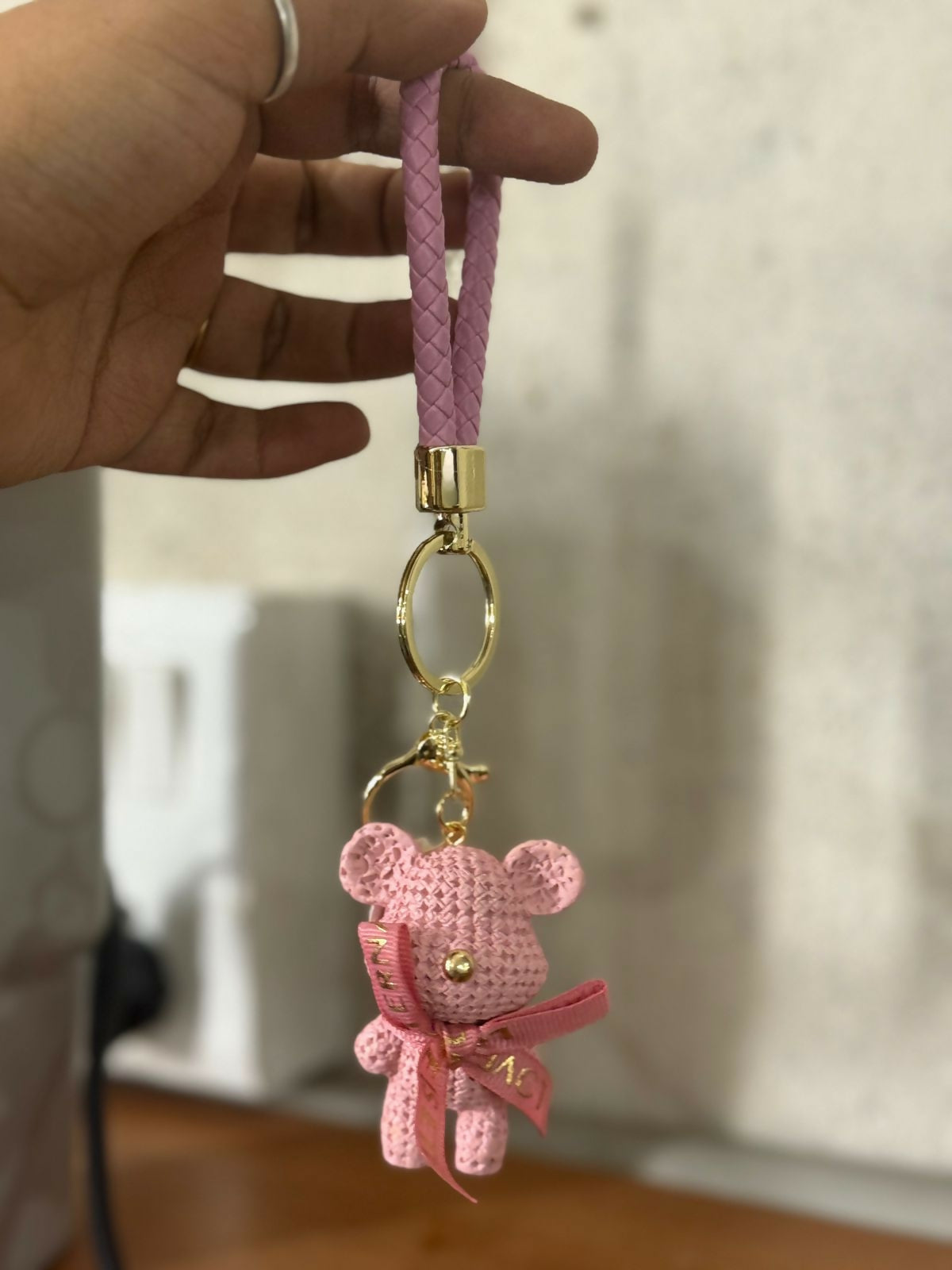 Cute Pink Teddy Bear Keychain with Braided Strap Bag Charm for Girls