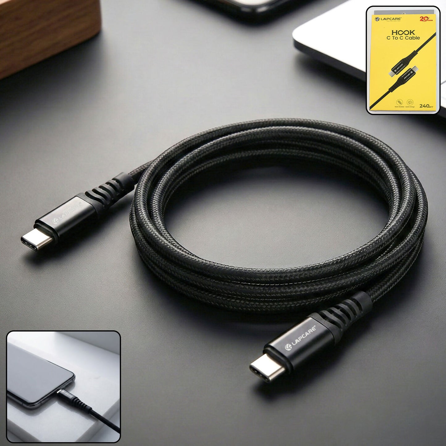 Lapcare Hook USB Type-C to Type-C Braided Fast Charging Cable with 240W Output