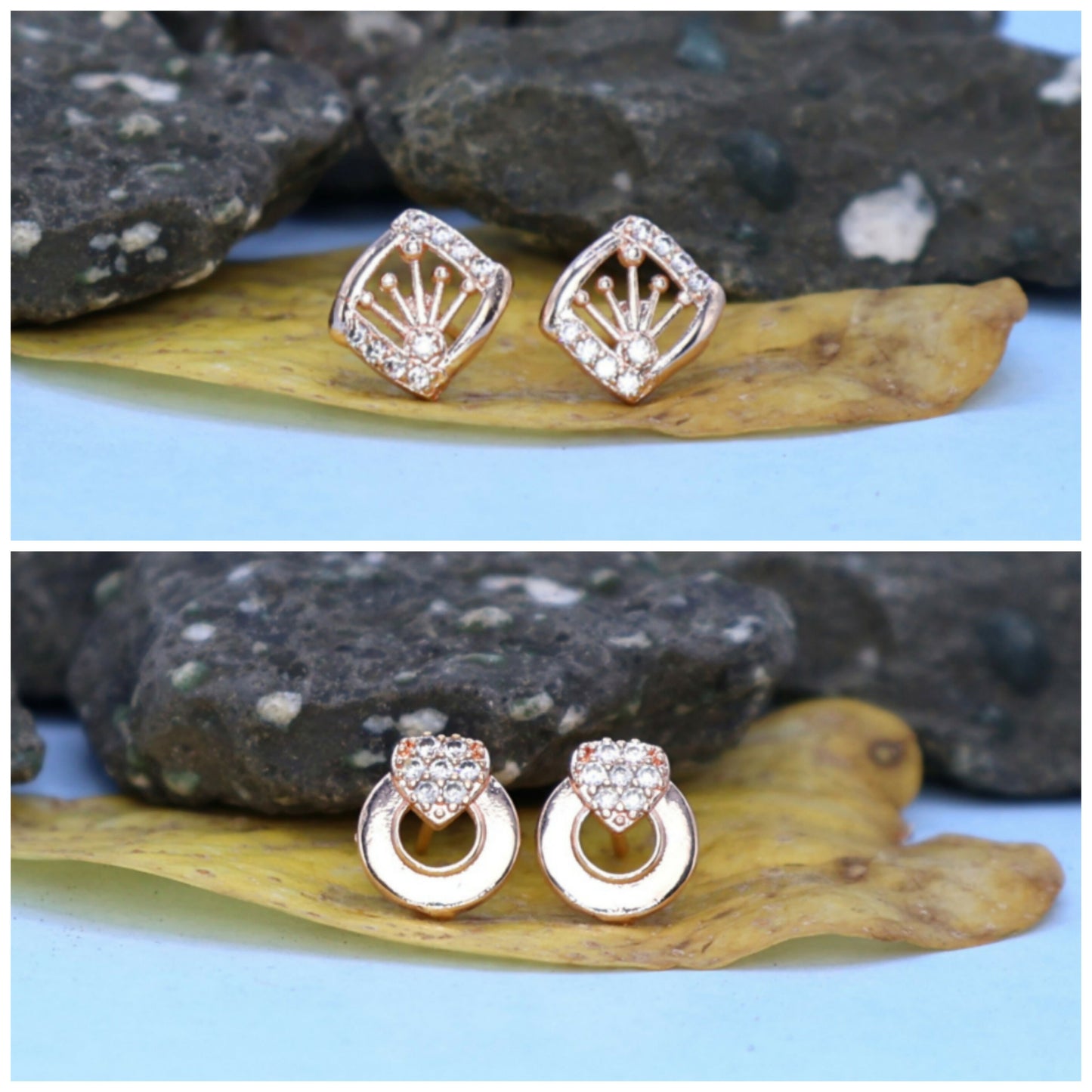 Rose Gold Crown & Heart Stud Earring Set for women and girls Combo Pack of 2
