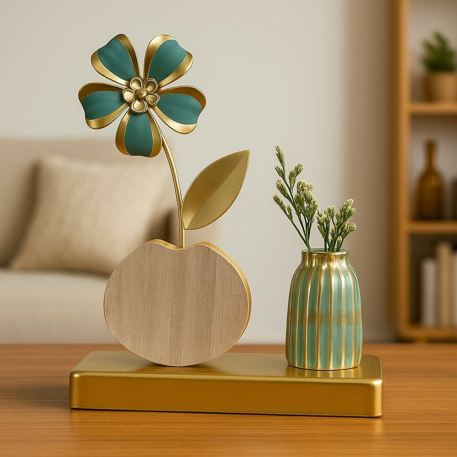 Luxury Golden Metal Flower Showpiece with Wooden Base & Mini Vase | Decorative Artificial Flower Table Accent for Home, Living Room, Office, Bedroom & Gifting