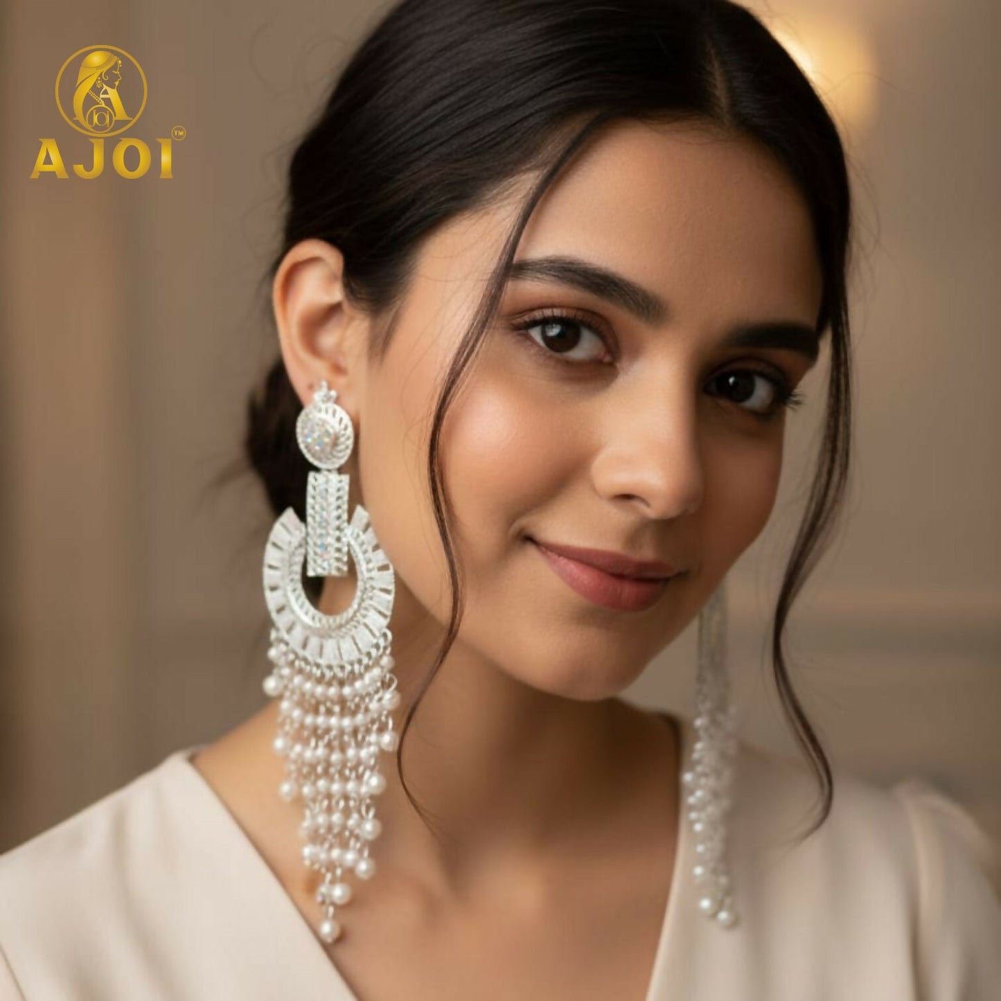 Silver-Tone Pearl Tassel Statement Earrings