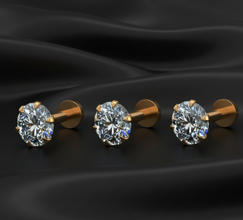 Detailed close-up of diamond nose pin highlighting 18K gold floral prong design