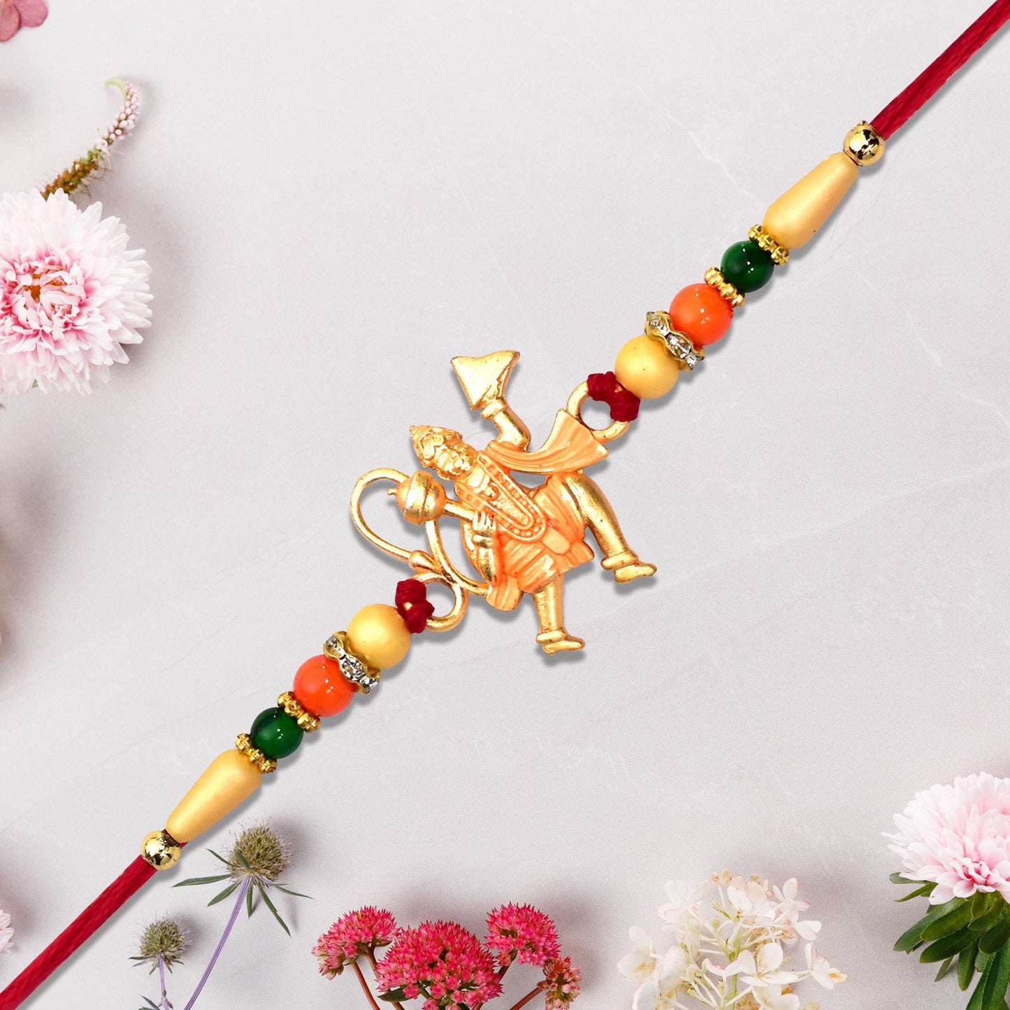Golden Hanuman Ji Motif Enamel Pearl Beads Traditional Rakhi (5pcs)