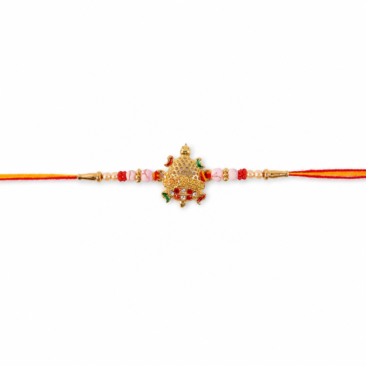 Gold Turtle Rakhi with Pink Pearls and Red Thread