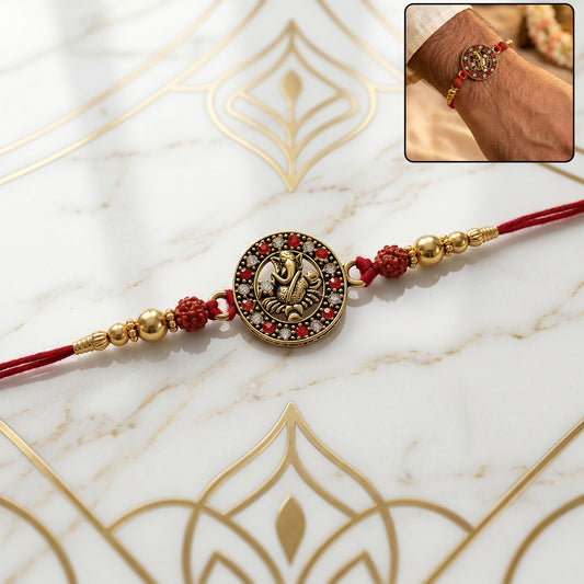 Golden Ganesh Rakhi for Boys with Red Thread and Rudraksha Beads