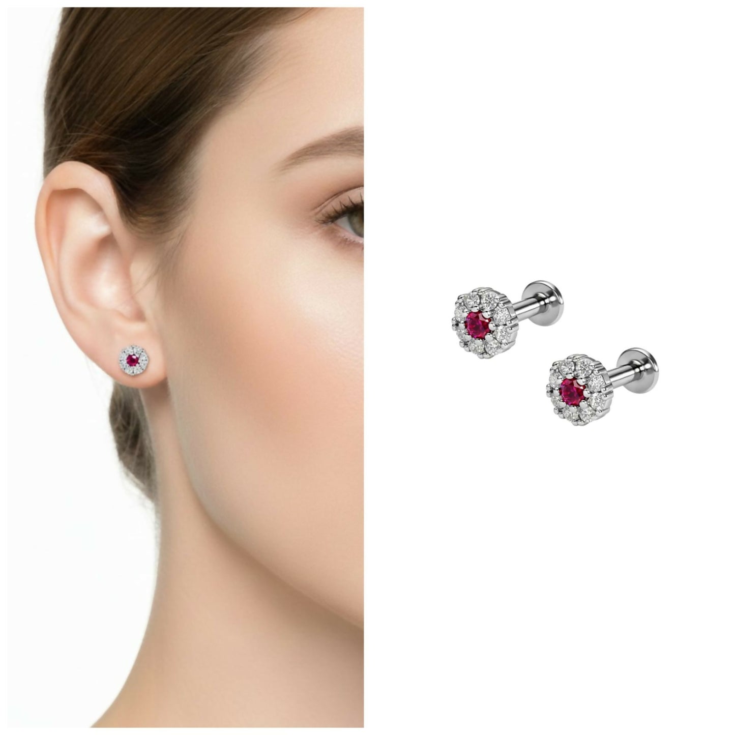 Ruby halo earrings silver plated with round-cut lab-created ruby center and flat back design