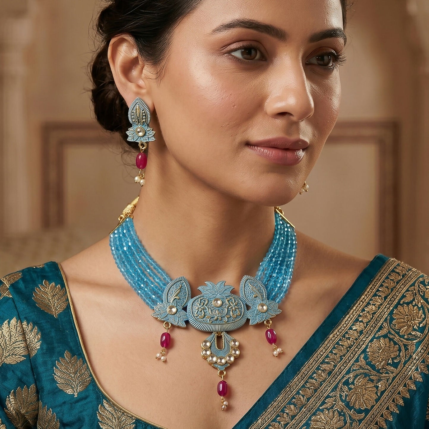 Detailed view of sky beaded necklace centerpiece