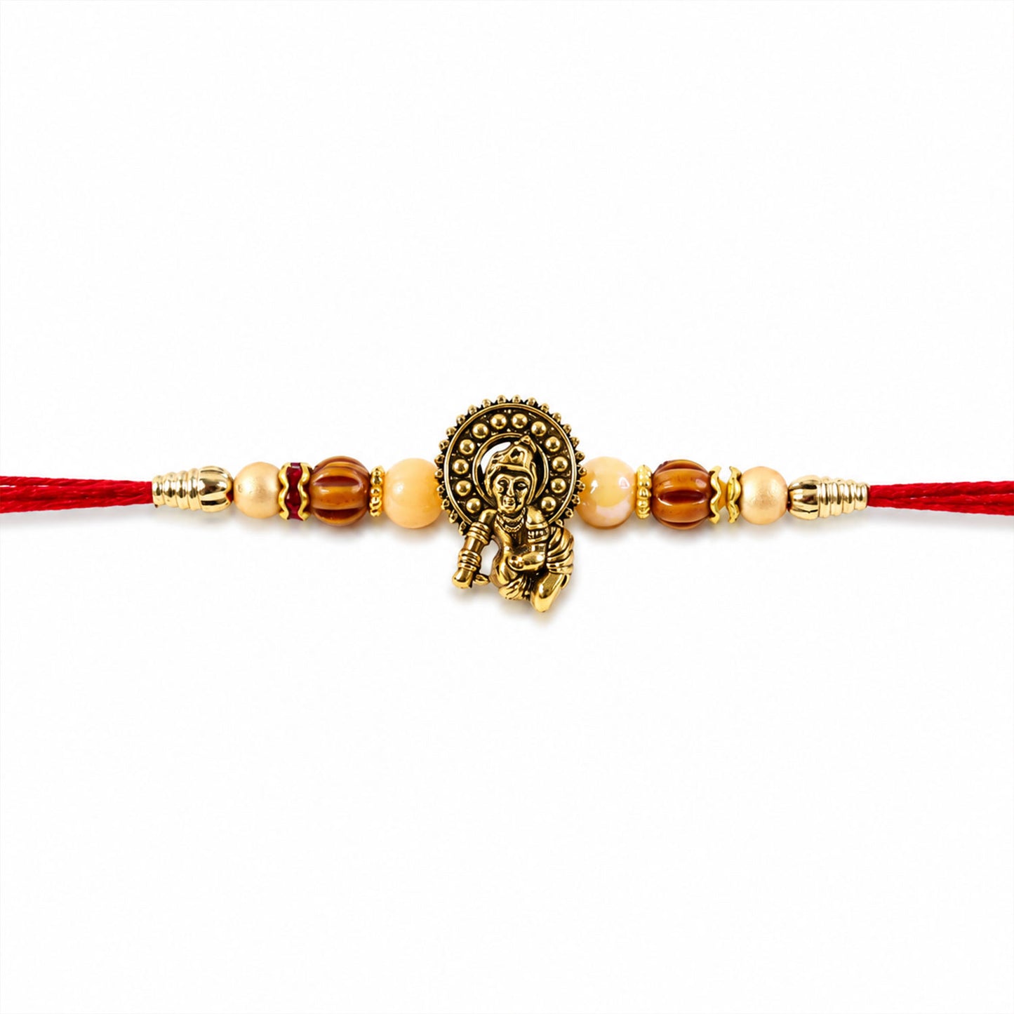 Antique Deity Idol Devotional Rakhi with Golden Medallion, Peach Beads and Red Thread