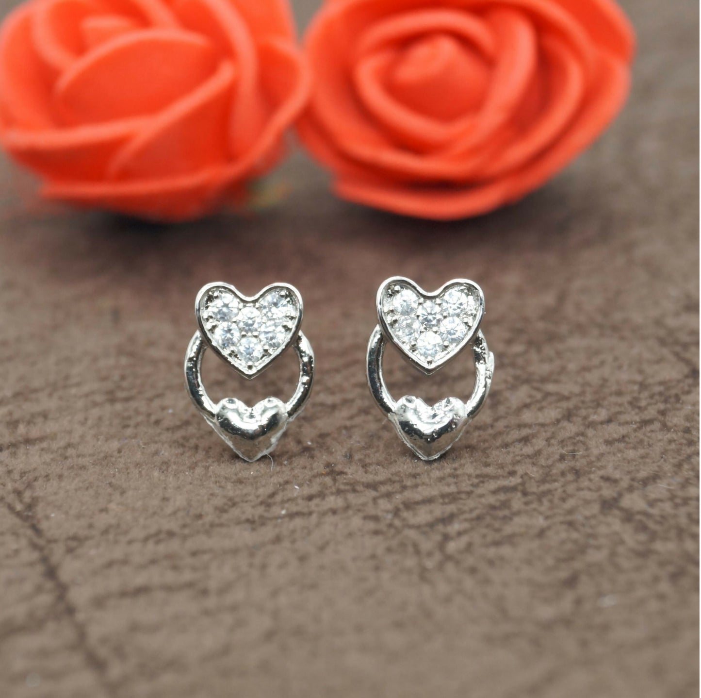 Sterling Silver AD Heart Stud Earrings for women and girls