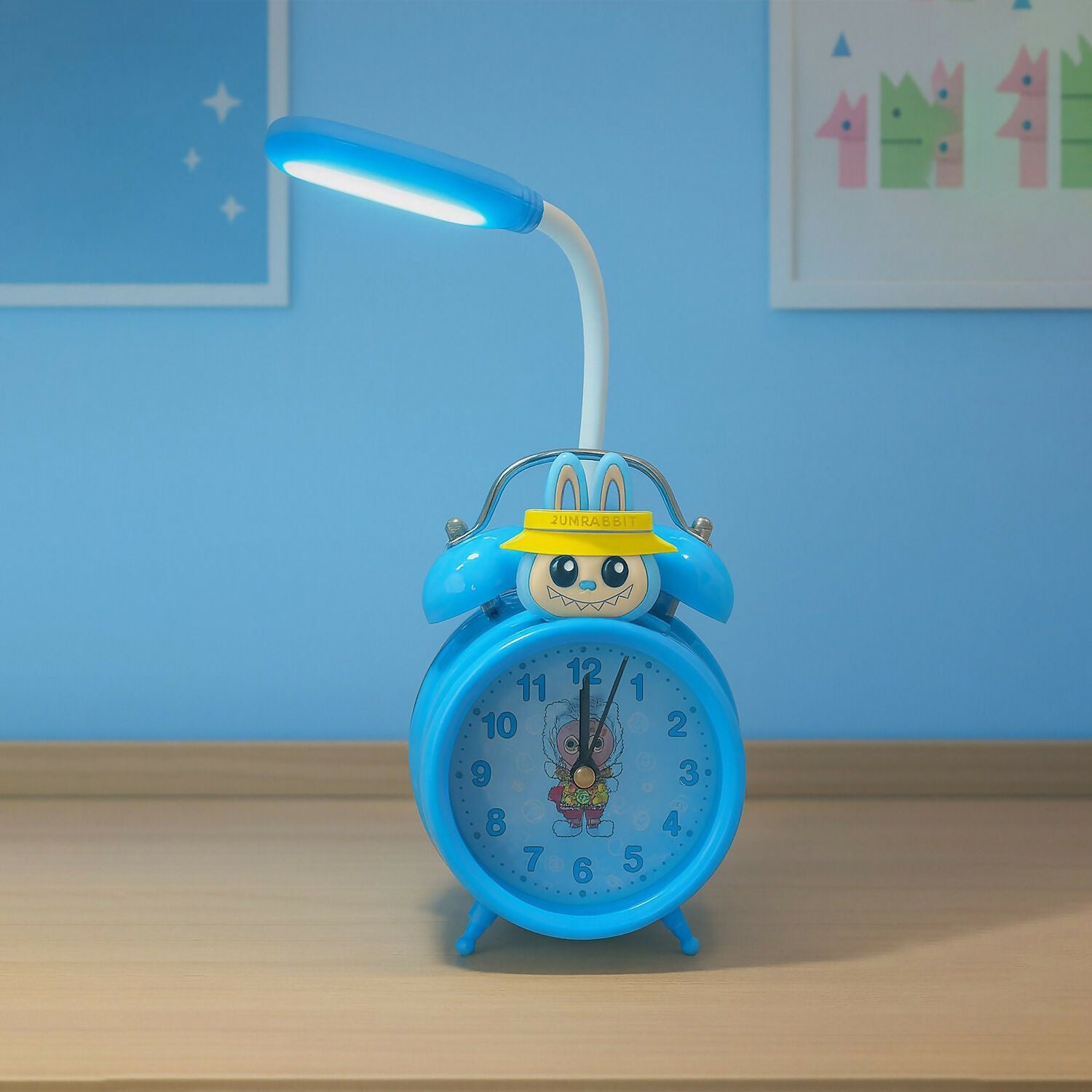 Kids Cartoon Blue Alarm Clock with LED Reading Lamp | Cute Rabbit Design, Dual Bell Analog Table Clock with Night Light, Adjustable LED Arm Lamp for Kids Bedroom, Study Table & Birthday Gift