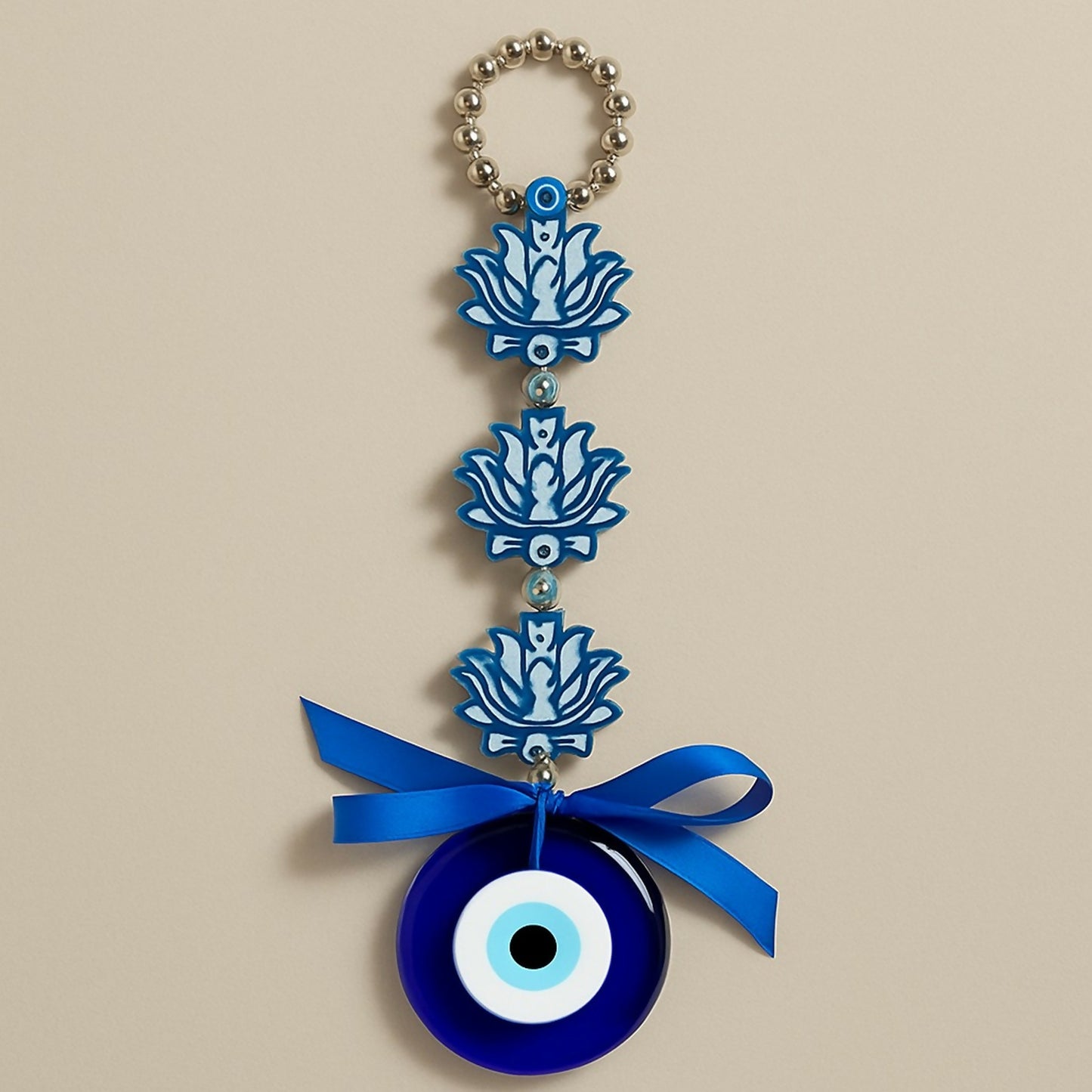 Evil Eye Lotus Wall Hanging with Blue Ribbon | Protective Nazar Battu for Home & Office | Blue Glass Beads & Metal Chain Wall Décor | Traditional Spiritual Feng Shui Vastu Gift