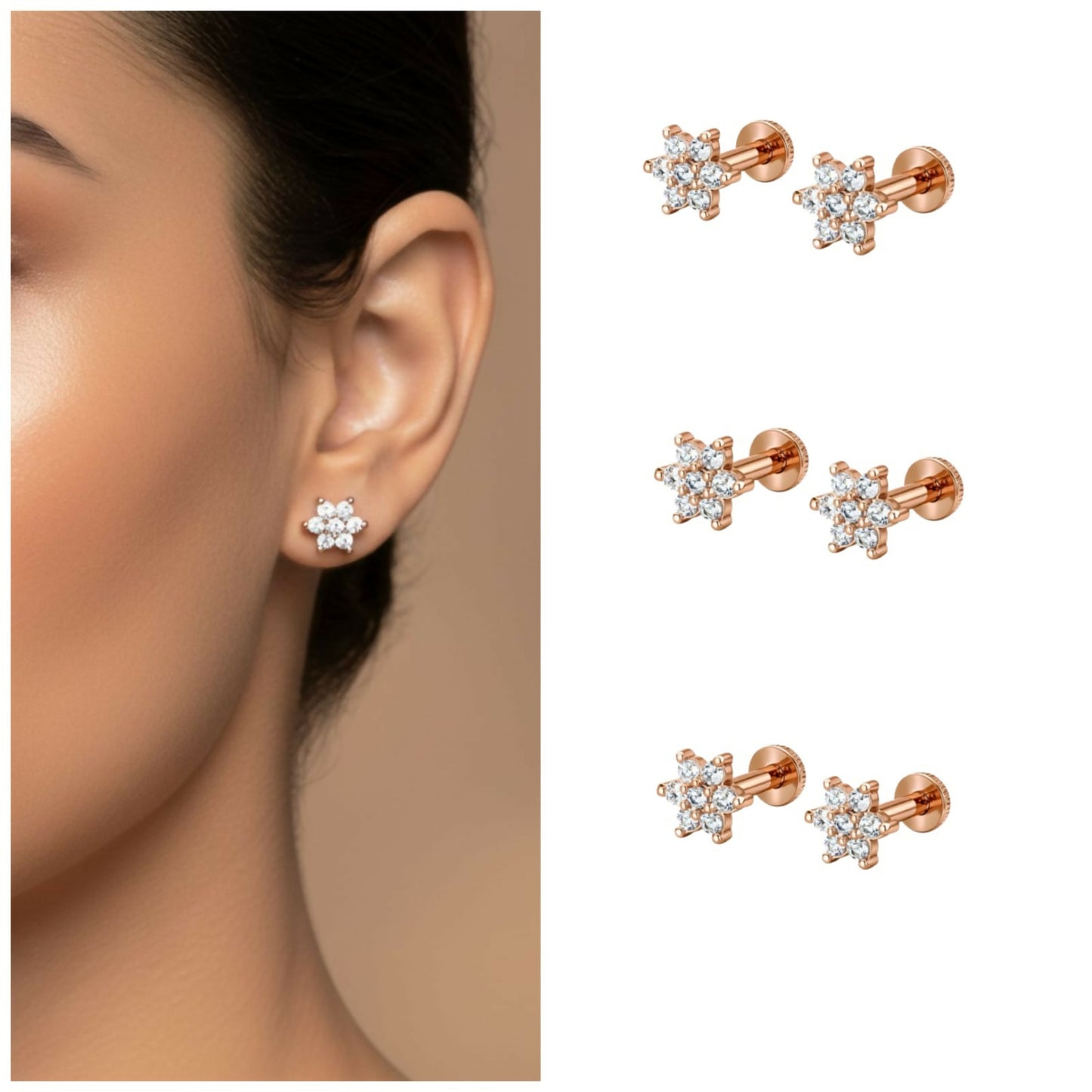 Rose gold plated flower stud earrings with sparkling crystals on flat-back post