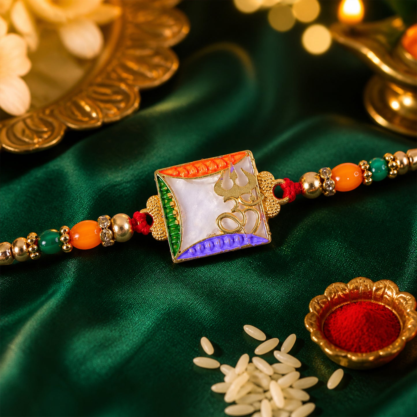 Elegant Rakhi with Square Floral Charm, bead line and chain look for Gift Styling