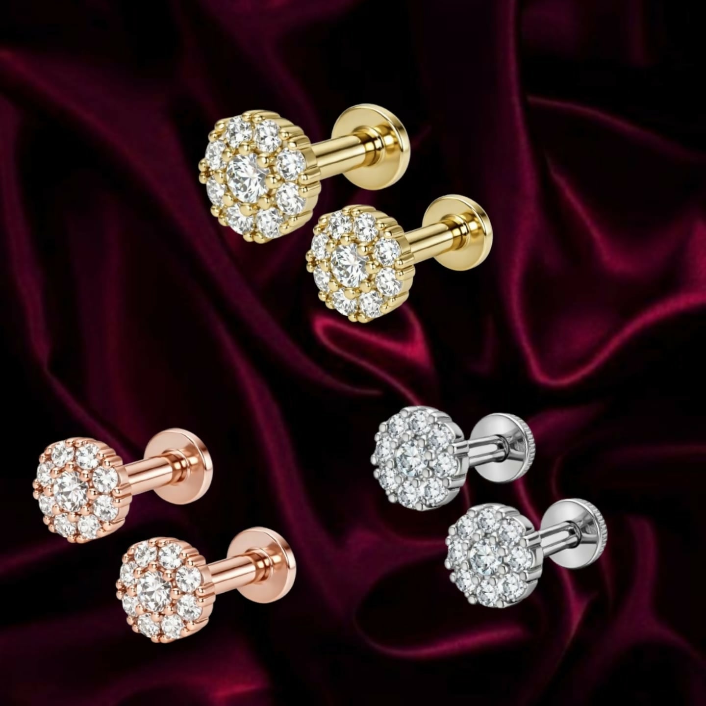 Flat back AD stud earrings combo pack featuring gold, rose gold, and silver floral designs