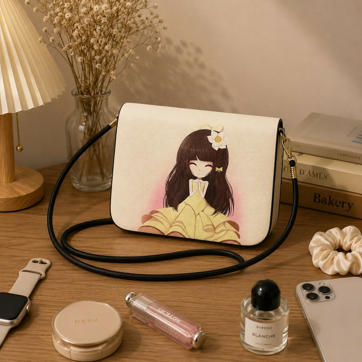 Cute girl print mini sling bag front view