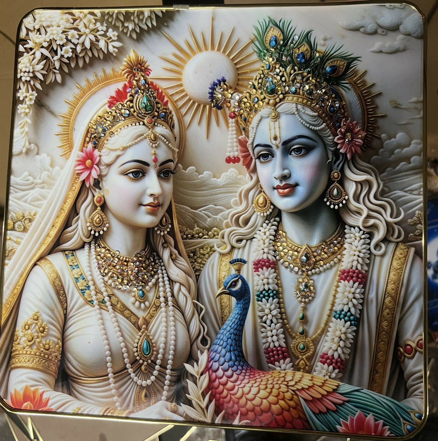 Premium 12x12 inch 3D Radha Krishna crystal wall art with glossy gold frame