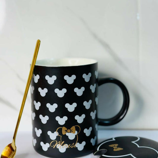 Large Ceramic Coffee Mug with Lid and Spoon – Modern Matte Finish Cup with Cute Character Pattern – Perfect for Tea, Coffee, Hot Chocolate, Milk – Ideal for Office, Home, Gifting & Daily Use