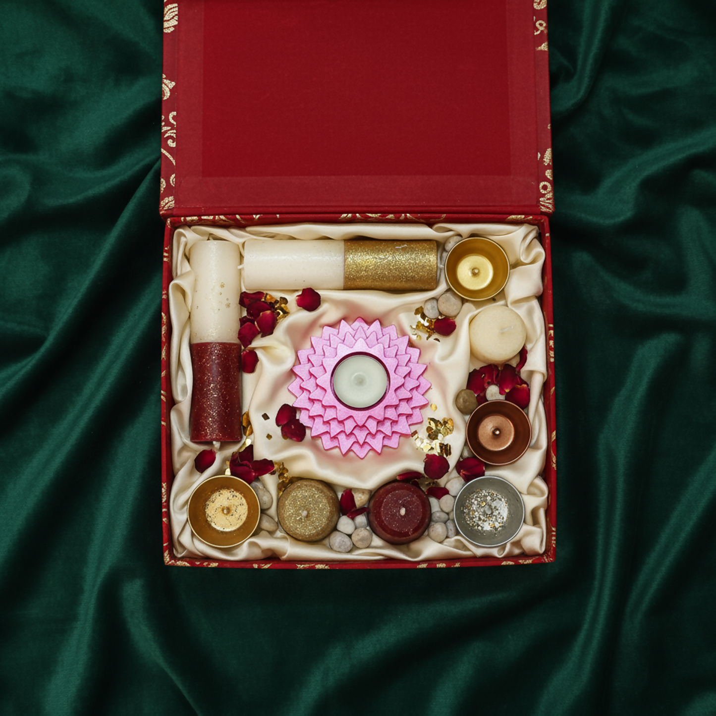 Flower 5-Step Decorative Diya Multi-Purpose Tealight Candle Holder, Dhoop Cone Stand, Pooja Diya & Mini Planter (Red, Rose Gold, Metallic Pink)