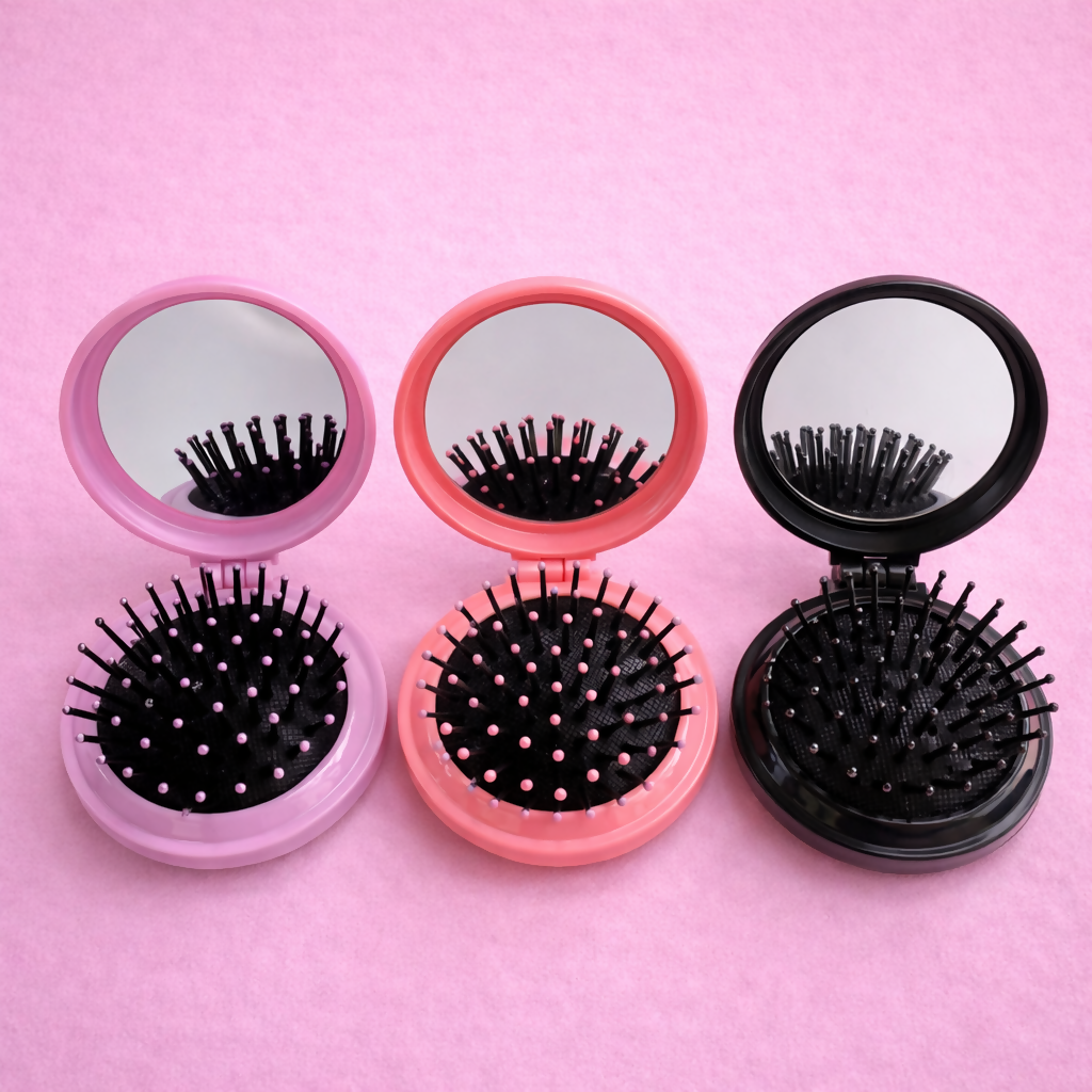 Foldable Hair Brush with Mirror Compact Travel Hair Comb for Women & Girls(COLOR MAY VARY)