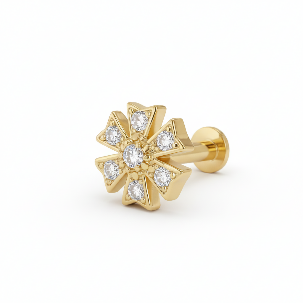 Individual gold plated flat back stud earring with six-petal floral motif and crystals